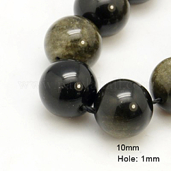 Chapelets de perles en obsidienne dorée naturelle, ronde, 10mm, Trou: 1mm, Environ 38 pcs/chapelet, 16 pouce
