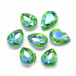 Cabujones de cristal con rhinestone, espalda plateada, facetados, color de ab chapado, lágrima, verde claro, 25x18x6mm