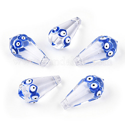 Transparent Glass with Enamel Evil Eye Beads, Top Drilled, Faceted, Teardrop, Blue, 23~24x12mm, Hole: 1.2~1.4mm