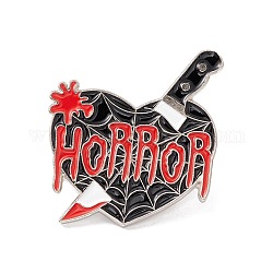 Pin de esmalte de palabra horror, insignia de aleación de corazón con cuchillo para ropa de mochila, Platino, negro, 29.2x26.1x1.5mm