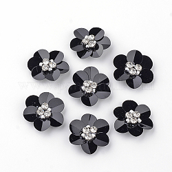 Accessori di ornamento paillette fatti a mano, con strass e tessuti, fiore, nero, 24~25x22~23x7mm