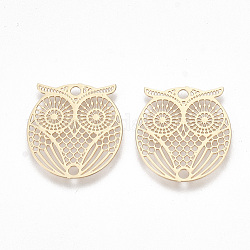 Brass Links connectors, Etched Metal Embellishments, Owl, Light Gold, 19x17x0.3mm, Hole: 1.6mm