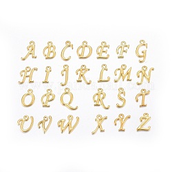 Colgantes de letras de aleación, chapado en rack, Letra A ~ Z, dorado, 12~17x4~15x2mm, agujero: 1.5 mm, 26 letras, 1 pieza / letra, 26 PC / sistema