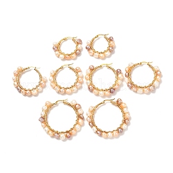 4 par de aretes de perlas naturales vintage para niñas y mujeres, Pendientes de aro de 304 acero inoxidable, dorado, blanco, 32~49.5x36~52x7.5~8mm, pin: 0.8 mm