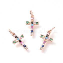Brass Micro Pave Cubic Zirconia Pendants, Cross, Colorful, Rose Gold, 16x9x2mm, Hole: 3mm