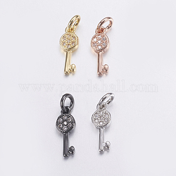 Brass Micro Pave Cubic Zirconia Pendants, Long-Lasting Plated, Key, Mixed Color, 12.5x4.5x1.5mm, Hole: 2.5mm