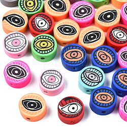 Handmade Polymer Clay Beads, Flat Round with Eye, Mixed Color, 9~10x4~4.5mm, Hole: 1.6mm