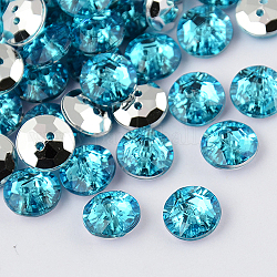 Botones redondos planos del diamante artificial de acrílico de Taiwán de 2-agujero, facetado y plateado plateado hacia atrás, cielo azul profundo, 10x4mm, agujero: 1 mm