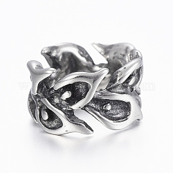 304 Stainless Steel Beads, Large Hole Beads, Ring with Leaf, Antique Silver, 12x7mm, Hole: 8mm