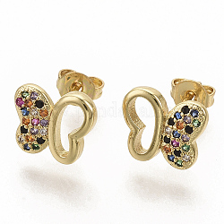 Brass Micro Pave Colorful Cubic Zirconia Stud Earrings, with Earring Backs, Butterfly, Real 16K Gold Plated, 9x10.5mm, Pin: 0.7mm