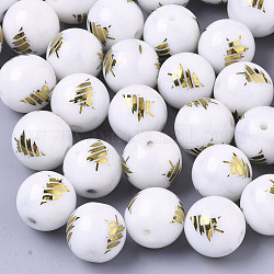 Christmas Opaque Glass Beads, Round with Electroplate Christmas Tree Pattern, Golden Plated, 10mm, Hole: 1.2mm