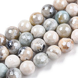 Chapelets de perles d'agate naturelle, perle plaquée lustre, facette, ronde, turquoise pale, 9~10mm, Trou: 1mm, Environ 37 pcs/chapelet, 14.17 pouce ~ 14.57 pouces (36~37 cm)