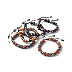 Bracelet de perles d'hématite synthétique pour hommes femmes, bracelet de perles rondes en bois tressé, couleur mixte, diamètre intérieur: 2-3/8~3-3/8 pouce (5.9~8.5 cm)