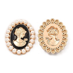Cabochons en alliage de zinc émaillé, avec des perles d'imitation en plastique, ovale avec une femme, or clair, noir, 53x42x7.5mm