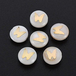 Perles de coquillages naturels d'eau douce, avec des ornements en métal en laiton doré, plat et circulaire avec papillon, couleur de coquillage, 8x3.5mm, Trou: 0.7mm