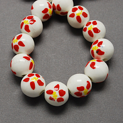 Perles de porcelaine imprimées manuelles, ronde, rouge, 10mm, Trou: 3mm
