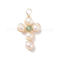 Natural Green Aventurine & White Freshwater Pearl Pendants, with Real 18K Gold Plated Copper Wire Wrapped, Cross, 31.5x17.5x7mm, Hole: 3.1mm