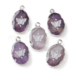 Natural Amethyst Oval Pendants, Platinum Plated Brass Oval Charms with Butterfly, 22~22.5x13~13.5x4.5mm, Hole: 1.6~1.8mm