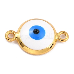 Golden Plated Brass Enamel Links Connectors, Long-Lasting Plated, Flat Round with Evil Eye, White, 16x10x3.5mm, Hole: 1.5mm