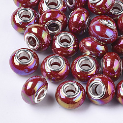 Perles européennes en résine opaque, Perles avec un grand trou   , imitation porcelaine, en laiton de tonalité de platine noyaux doubles, couleur ab , rondelle, rouge foncé, 14x9mm, Trou: 5mm