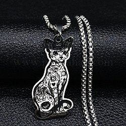 304 Halskette mit Sphynx-Katzenanhänger aus Edelstahl mit Emaille, Kastenketten-Halsketten für Damen und Herren, Edelstahl Farbe, 19.53 Zoll (49.6 cm)