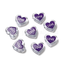 Perles acryliques transparentes imprimées, coeur avec amour, indigo, 17.5x20x5mm, Trou: 3mm