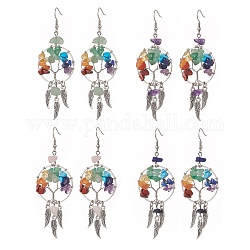 Natural & Synthetic Mixed Gemstone Chips Tree of Life with Alloy Feather Chandelier Earrings, 304 Stainless Steel Jewelry for Women, 82mm, Pin: 0.6mm