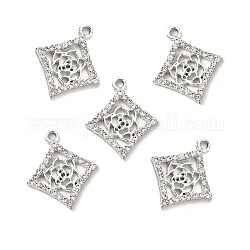 Colgantes de aleación de Diamante de imitación, colgantes de rombos en tono platino con rosas huecas, cristal, 22.5x19.5x2.2mm, agujero: 1.8 mm