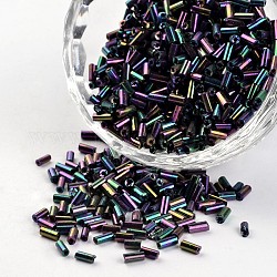 Rocailles tubes avec iris trou rond en verre, multi-couleur plaquée, 3~5x1.8~2mm, Trou: 0.8mm, environ 1200 pcs/50 g