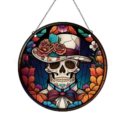 Plan de fenêtre en acrylique teinté crâne d'Halloween, pour les attrape-soleil, ornements suspendus pour fenêtre et maison, plat rond, colorées, 160x160x4mm