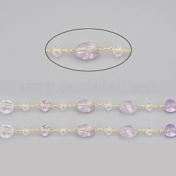 Chaînes de perles d'améthyste naturelles faites à la main de 3.28 pied, avec perles de verre rondelles et chaînes forçat en laiton doré, Plaqué longue durée, non soudée, pépites, lien: 2x1.5x0.3 mm, pierres fines perles: 6~12x6~6.5x4~4.5 mm, perles de verre: 4x3 mm