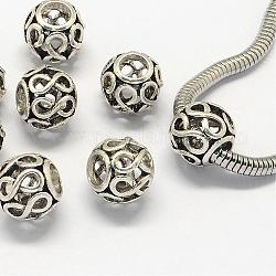 Metall Großlochperlen, Großloch perlen, Rondell, hohl, Antik Silber Farbe, 11x9.5 mm, Bohrung: 5 mm