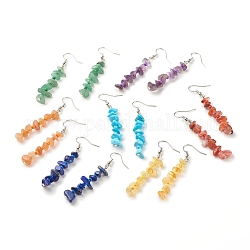 7 Stück 7 Stil natürliche und synthetische gemischte Edelstein-Chip-Perlen-Ohrringe mit Glas, lange Ohrringe aus Messing für Frauen, 60~62x19 mm, Stift: 0.6 mm, 1 Paar/Stil