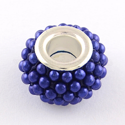 ABS Kunststoff Nachahmung Perle Rondelle Europäischen Perlen, mit silberner Farbe Messing Doppelkerne, Großloch perlen, Blau, 14~15x9 mm, Bohrung: 5 mm