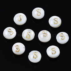 Natural Freshwater Shell Beads, with Golden Plated Brass Etched Metal Embellishments, Flat Round with Letter, Seashell Color, Letter.S, 6x4mm, Hole: 0.8mm