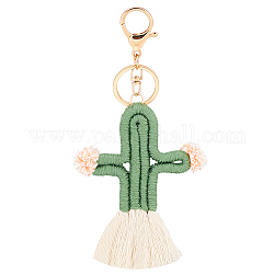Llavero de algodón tejido a mano, Con fornituras de hierro y aleación, dorado, patrón de cactus, 17.3 cm, cactus: 110x83x8.5 mm