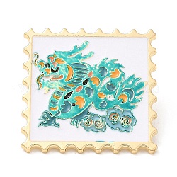 Rectángulo ondulado con alfileres de esmalte de dragón, broche de aleación chapada en oro claro, insignia del signo del zodíaco de estilo chino, turquesa, 30x30x1.5mm