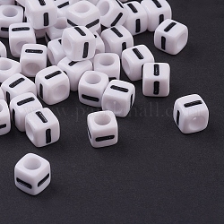 Lettre i chunky perles cube acrylique pour les enfants bijoux, trou horizontal, blanc, taille:  Largeur environ 7mm, Longueur 7mm, épaisseur de 7mm, Trou: 3.5mm, environ 200 pcs/50 g