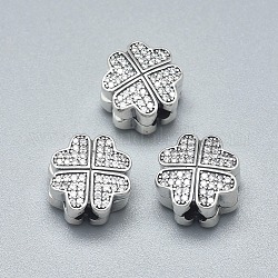 Antique Silver Plated 925 Sterling Silver European Clasps, with Cubic Zirconia, Large Hole Beads, Carved with 925, Clover, Clear, 12x11.5x8.5mm, Hole: 3.5mm