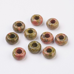 Natural Unakite European Beads, Large Hole Beads, Rondelle, 14x7~8mm, Hole: 6mm