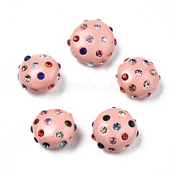 Abalorios de Diamante de imitación de arcilla polímero, Pave bolas de discoteca, plano y redondo, rosa, 11~12x7mm, agujero: 1.4 mm, rhinestone: pp15 (2.1~2.2 mm)