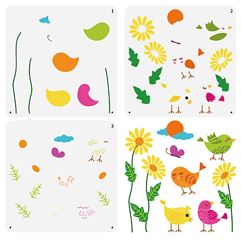 FINGERINSPIRE 3PCS Layered Cute Bird Painting Stencil 11.8x11.8 inch Large Daisy Bird Stencil for Painting Sun Cloud Drawing Template Plants Animals Stencil for Home Wall Furniture Floor Decoration DIY-WH0394-0165