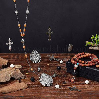 PH PandaHall 359pcs Cross Charms Rosary Jewelry Making Wood Beads Rosaries  Tibetan Pendant and Spacer Beads for Easter Eid Mubarak Ramadan Necklace