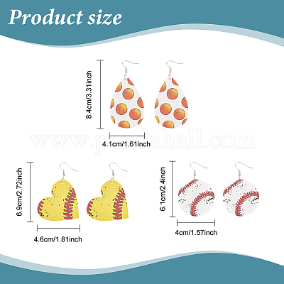 8 пара сережек-подвесок из искусственной кожи в 8 стилях: бейсбол EJEW-AN0001-39-1