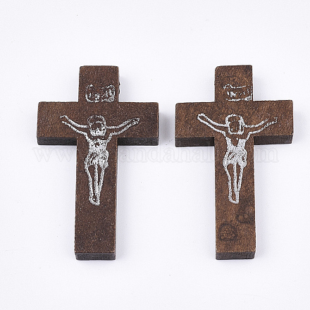 印刷木製のペンダント  十字架クロス  イースターのために  染め  ココナッツブラウン  41.5~42.5x23.5~24.5x4.5mm  穴：2mm X-WOOD-S050-35B-04-1