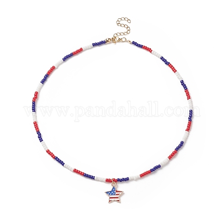 Collar con colgante de estrella esmaltada de aleación del Día de la Independencia con cadenas de cuentas de vidrio para mujer NJEW-TA00056-1