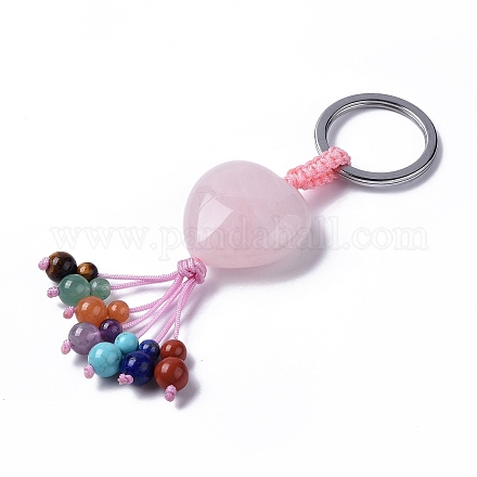 Coeur de quartz rose naturel avec porte-clés pompon de pierres précieuses mélangées KEYC-P012-03P-04-1