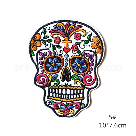 シンコ・デ・マヨのシュガースカルアップリケ  機械刺繍布地手縫い/アイロンワッペン  マスクと衣装のアクセサリー  ホワイト  100x75~76mm FEST-PW0001-046E-1