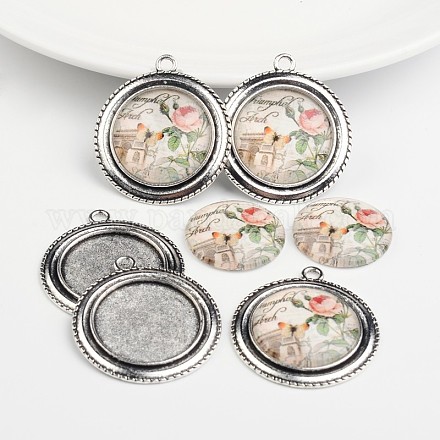 Antique Silver Alloy Pendant Cabochon Bezel Settings and European Style Architecture Printed Glass Cabochons TIBEP-X0173-10-1