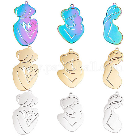 UNICRAFTALE 9Pcs 3 Style 3 Colors Pregnant Woman Charms 304 Stainless Steel Mother Pendants 37.5~46mm Unique Motherly Love Charms Necklace Jewelry Pendants for DIY Necklace Gifts for Mother's Day STAS-UN0039-26-1